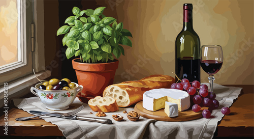 Still life of wine, cheese, bread, grapes, and potted basil on a wooden table by a window with warm lighting.