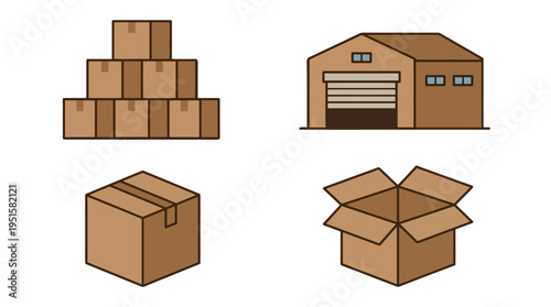 Brown Cardboard Boxes and Warehouse Building Icon Set for Shipping and Storage Logistics.