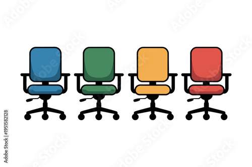 Four colorful office swivel chairs are aligned for a functional meeting.