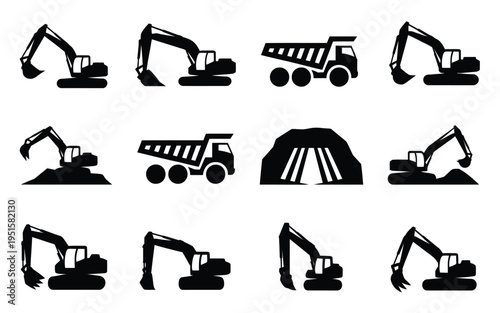 Construction vehicles icons set including excavators and dump trucks in black silhouette on white background for industrial and building concepts