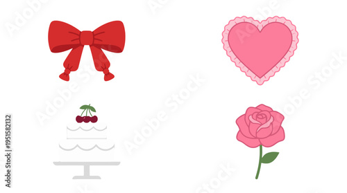Bright Red Decorative Ribbon Bow with Cinched Tails Flat Illustration Style.
