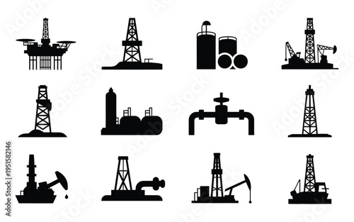 Collection of black silhouettes of various oil rigs drilling platforms and industrial equipment on white background for energy and industry concepts