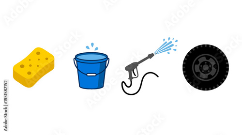 Car washing tools and tire icon set featuring sponge bucket pressure washer and wheel.
