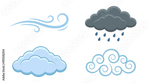 Cartoon weather icons set blue wind dark grey rain cloud fluffy cloud and decorative swirl.