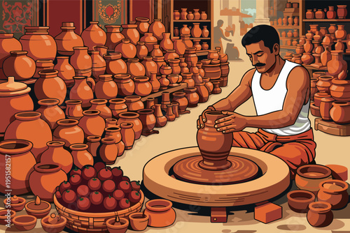 Traditional Potter Crafting Clay Pots in a Workshop