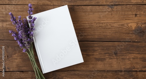 Elegant white book mockup with lavender blossoms on a rustic wooden table background for refined stationery presentation