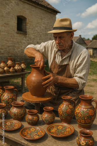 Potter shaping clay vase outdoors with decorated ceramics, traditional craft and rural lifestyle, authentic handmade pottery, pencil drawing style illustration