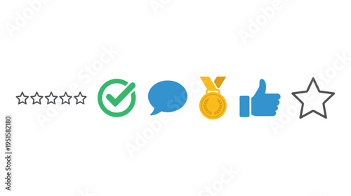 Collection of flat design feedback icons stars checkmark speech bubble medal thumbs up and outline star.