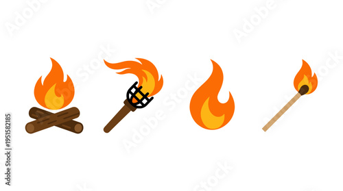 Collection of Flat Design Fire Icons Campfire Torch Flame and Burning Match.