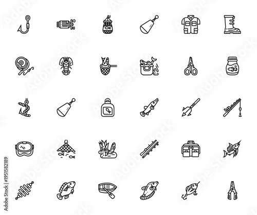 Fishing icon set. Vector fishing gear collection. Includes hook, reel, boat, fish, rod, net, bait, vest, boots and more. Editable thin line icons.