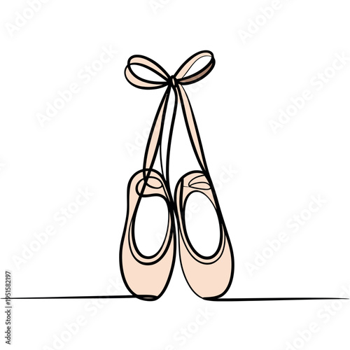 Ballet pointe shoes tied with ribbon dangle from a single continuous.