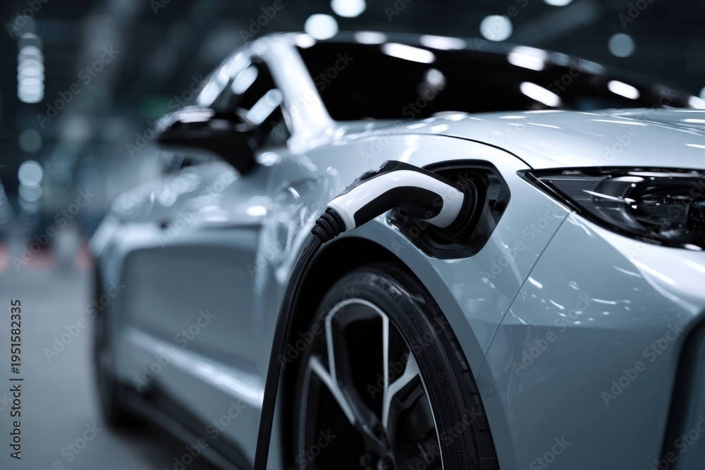 Naklejka premium Electric car charging at station with close up on charging plug and modern vehicle in indoor parking or garage environment for sustainable transportation.