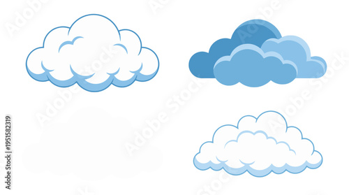 Diverse Cartoon Cloud Illustrations in Various Styles Featuring Fluffy White and Solid Blue Designs.