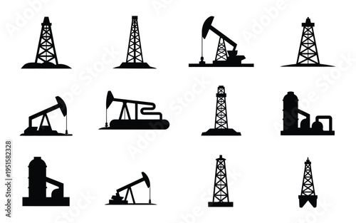 Oil rigs and pumpjacks in various silhouettes for energy and industry concepts