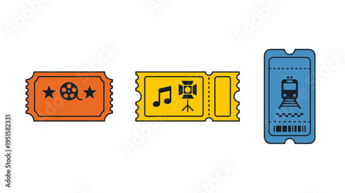 Colorful vector tickets for cinema music and train travel featuring film reel musical note spotlight and train icons.