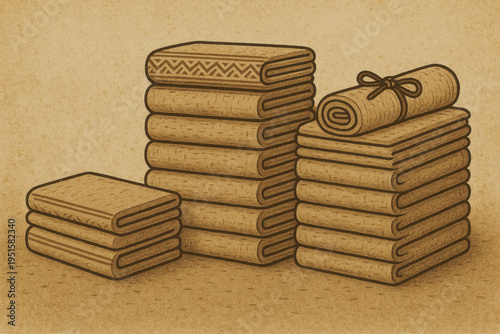 Stack of folded fabrics and textiles, traditional craft production and storage concept, vintage style composition, pencil drawing illustration on aged background