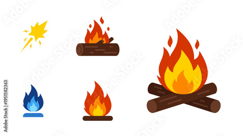 Diverse flat design fire icons campfires spark blue flame and small fires vector illustration set.