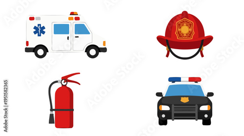 Emergency Services Vehicles and Equipment Icons Set Featuring Ambulance Police Car Firefighter Helmet and Extinguisher.