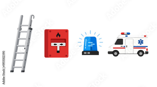 Flat Design Emergency Services and Rescue Equipment Icons Collection.