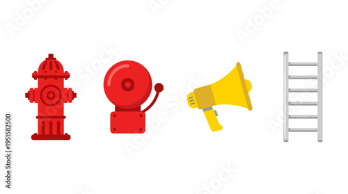Flat Vector Emergency Equipment Icons Red Fire Hydrant Alarm Bell Yellow Megaphone Grey Ladder.