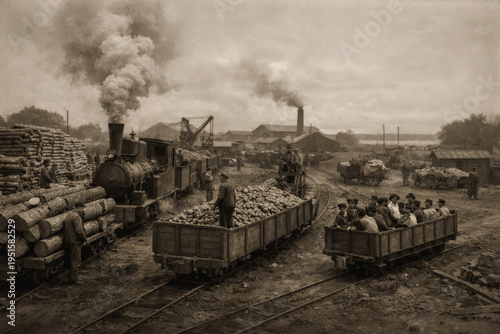 Vintage industrial railway scene with a steam locomotive transporting workers and cargo in an early industrial era. Historical sepia style image showing factory activity and rail transport.