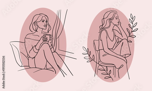 Minimalist continuous line art collection of a pensive and relaxed woman, female figure drawing set with a soft pink background. Vector illustration