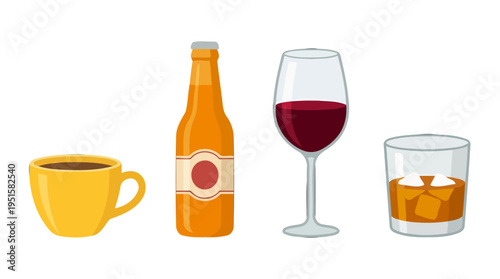 Flat vector illustration of diverse beverages coffee in yellow mug beer bottle red wine glass and whiskey with ice.