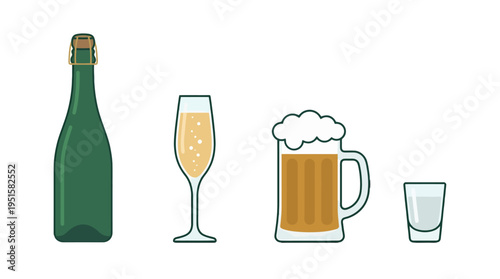 Flat vector illustration of various alcoholic beverages green champagne bottle bubbly flute foamy beer mug and clear shot glass.