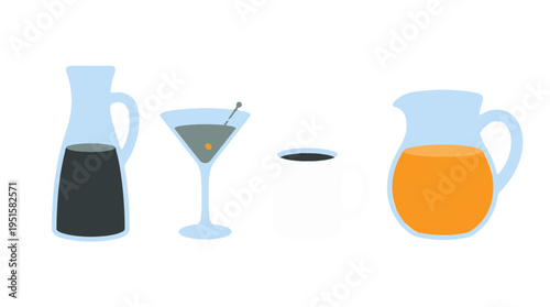 Flat Vector Drinkware Set Carafe Martini Glass Mug Pitcher with Colorful Beverages.