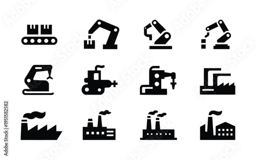 Industrial icons set including factory robotic arm excavator and construction symbols in black silhouette on white background for manufacturing and engineering concepts