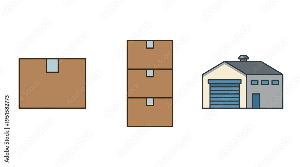 Fototapeta premium Simple Logistics Icons Brown Cardboard Boxes and Gray Warehouse Building.
