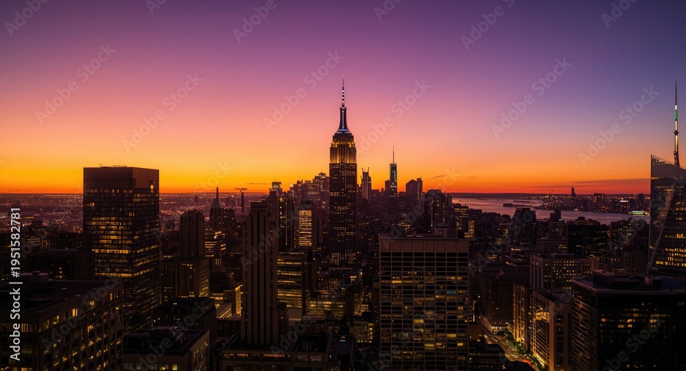 Fototapeta premium City skyline at sunset showcasing tall buildings and vibrant lights