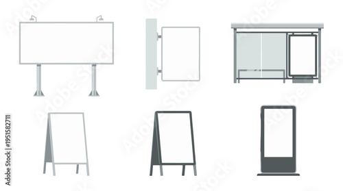 Modern blank outdoor advertising signs vector set billboard bus stop Aframe wall and digital display.