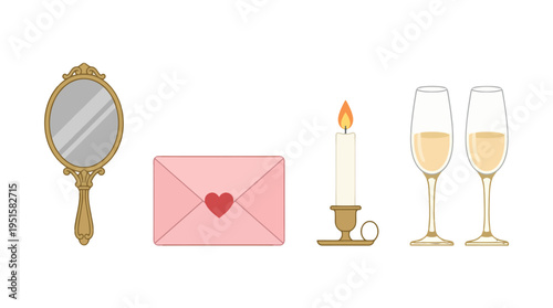 Ornate golden hand mirror pink heart envelope burning candle and two champagne flutes.