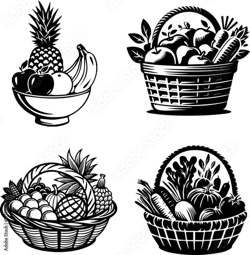 Collection of vintage woodcut style fruit and vegetable baskets