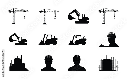 Construction icons set including cranes excavators workers and buildings in black silhouette on white background for engineering and architecture projects