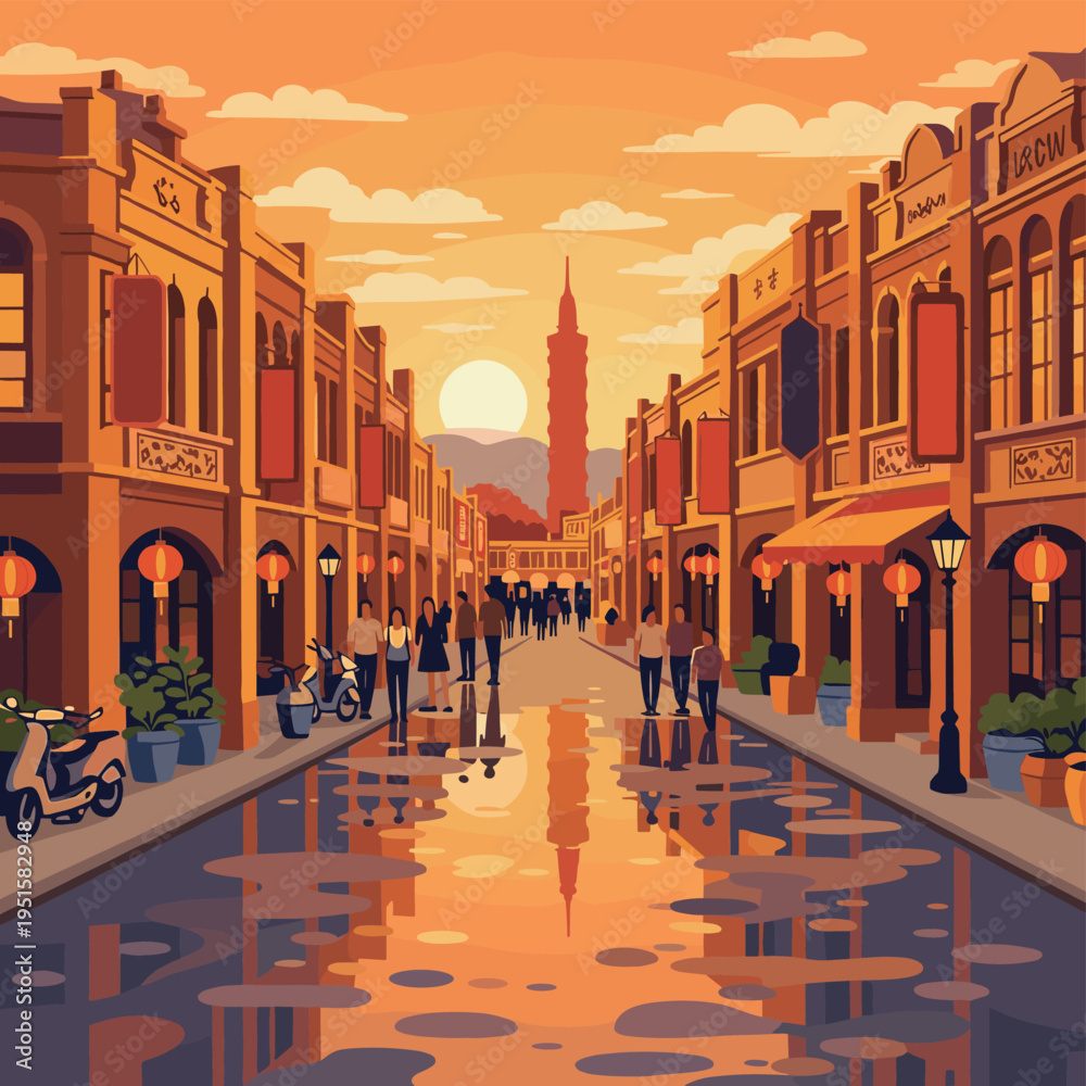 Fototapeta premium Vibrant Urban Street Illustration at Sunset
