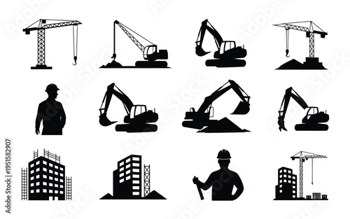 Construction site icons with cranes excavators workers and buildings in black silhouette on white background for industrial and architecture concepts