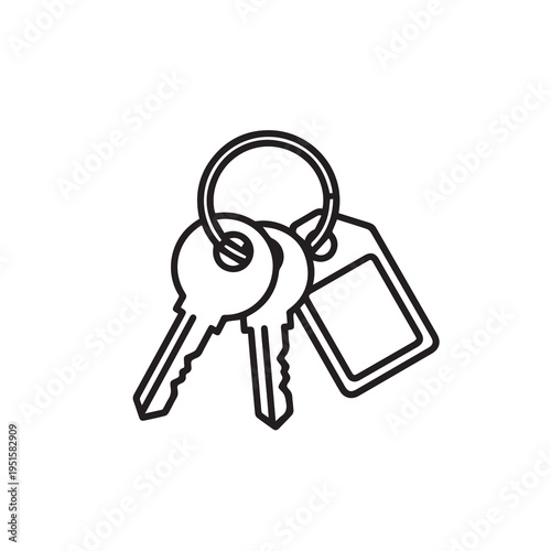 Two Keys and Blank Tag on Ring Simple Outline Graphic Isolated on White