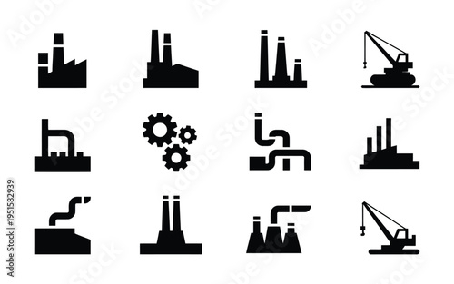 Industrial factory icons set including construction crane smokestacks gears and pipes on white background