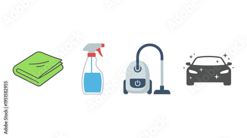 Vibrant flat design icons folded green towel blue spray bottle grey vacuum cleaner and sparkling dark car representing cleaning.