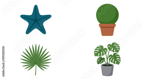 Vibrant Flat Design Nature Icons Teal Starfish Green Topiary Palm Leaf Monstera Plant.
