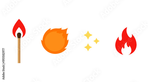 Vibrant Flat Graphic Fire and Light Icons Burning Match Red Flame Orange Burst Yellow Sparkles.