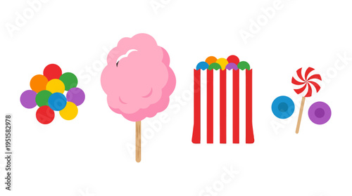 Vibrant flat vector illustration of assorted sweet carnival treats including pink cotton candy gumballs striped candy box and swirl lollipop.