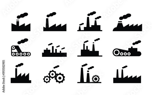 Industrial factory icons set with smokestacks gears and machinery black silhouettes on white background for business and industry concepts