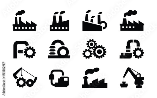 Industrial icons set including factory gear machinery and construction symbols in black silhouette on white background for business and manufacturing concepts