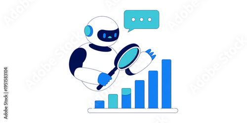A small cute robot using a magnifying glass to carefully analyze a growing blue financial bar chart Vector