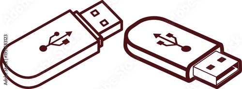 Portable flash memory storage usb drive hardware with connection symbol for data transfer and file management