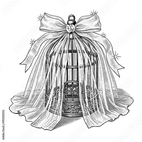 Elegant Vintage Birdcage Illustration with Draped Fabric and Ornate Ribbon Bow