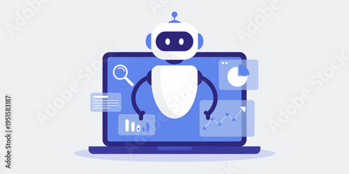 A friendly robot assistant emerging from a laptop screen to help with data analysis and research Vector
